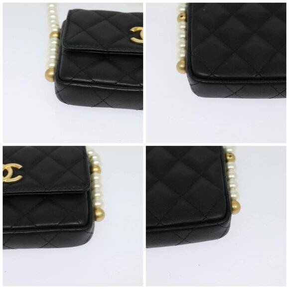 CHANEL Matelasse Pearl Shoulder Bag Lamb Skin Black Gold CC Auth - Picture 16 of 16